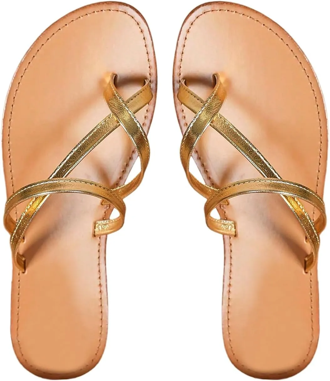 GORGLITTER Women's Gold Metallic Strappy Flat Sandals Toe Ring Criss Cross Slip On Vacation Slide Sandals