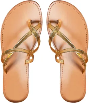 GORGLITTER Women's Gold Metallic Strappy Flat Sandals Toe Ring Criss Cross Slip On Vacation Slide Sandals