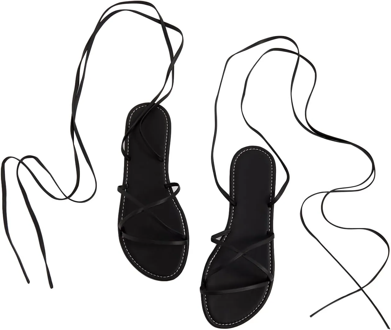 GORGLITTER Women's Lace Up Flat Sandals Strappy Tie Up Open Toe Dressy Slide Sandals