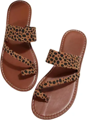 GORGLITTER Women's Leopard Print Flat Sandals Strappy Cheetah Thong Toe Ring Slip On Slide Sandal