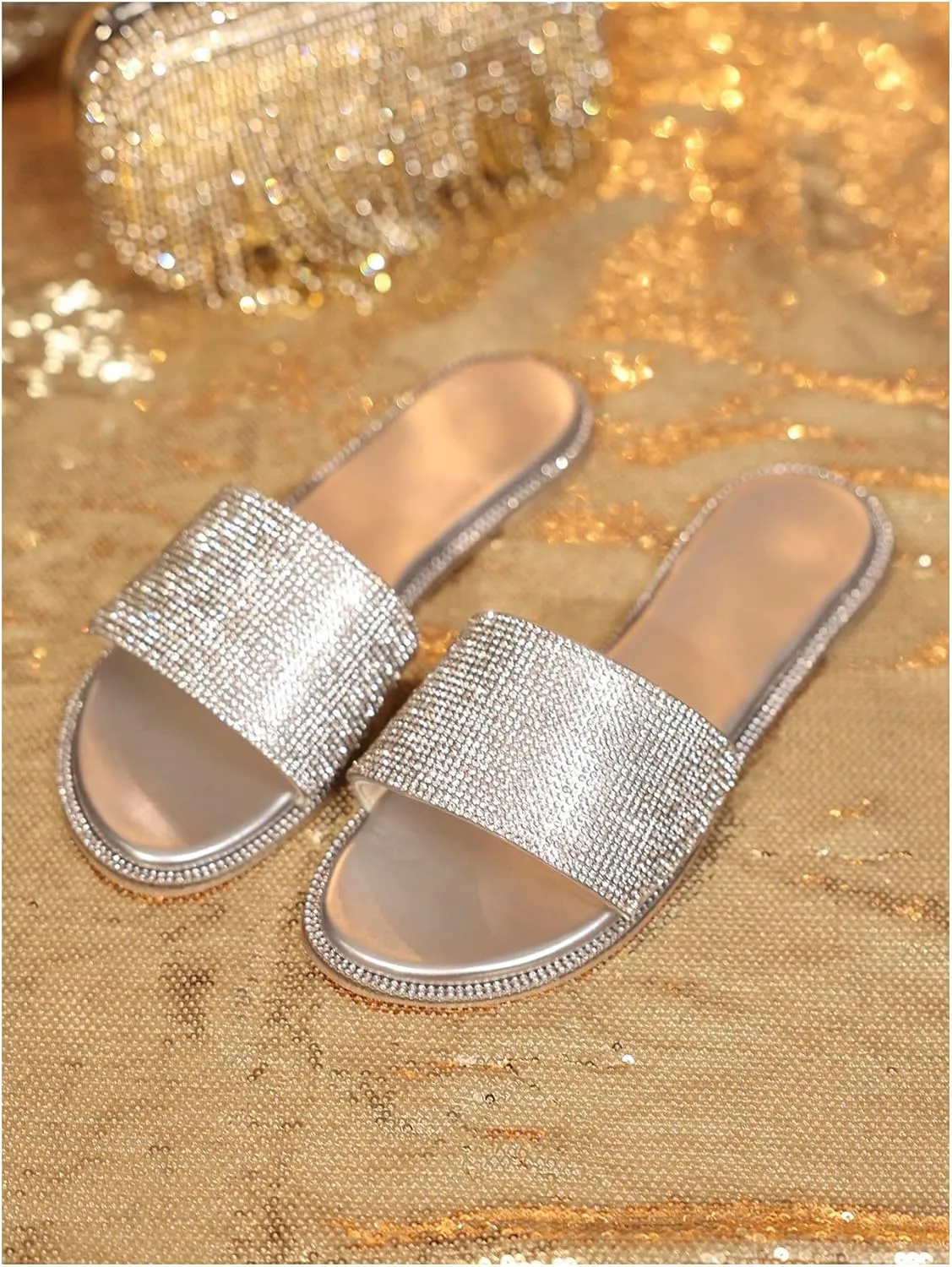 GORGLITTER Women's Rhinestone Sandals Dress Slip on Flip Flops Flat Summer Open Toe Slides Sandal