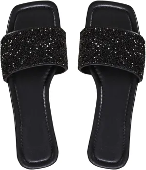 GORGLITTER Women's Sparkly Flat Sandals Strappy Slip on Open Toe Slide Sandals Lightweight Slippers