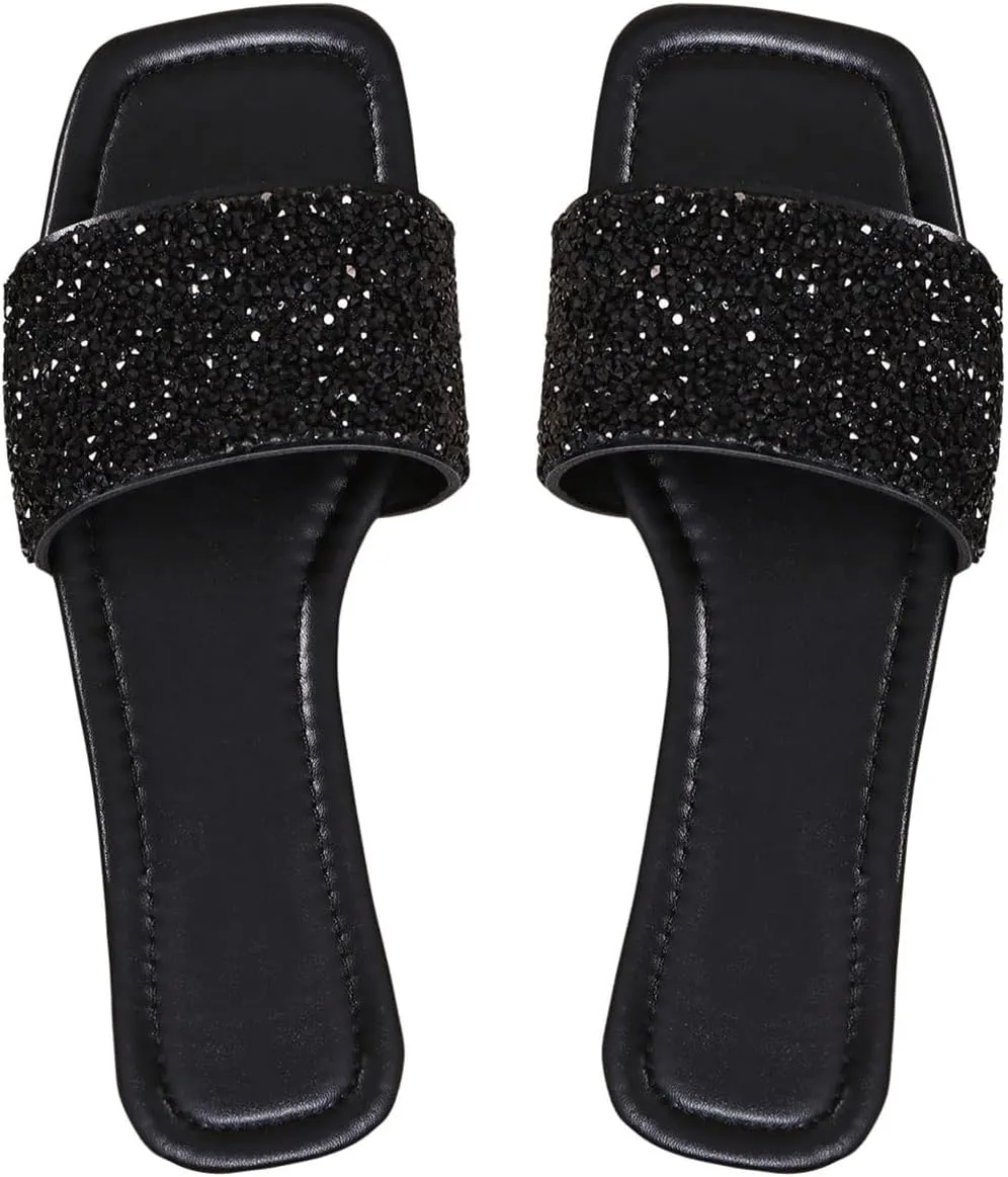 GORGLITTER Women's Sparkly Flat Sandals Strappy Slip on Open Toe Slide Sandals Lightweight Slippers