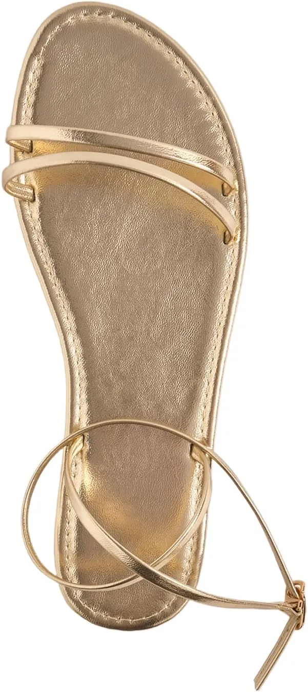 GORGLITTER Women's Strappy Flat Sandals Ankle Strap Open Toe Dressy Summer Flats Sandal