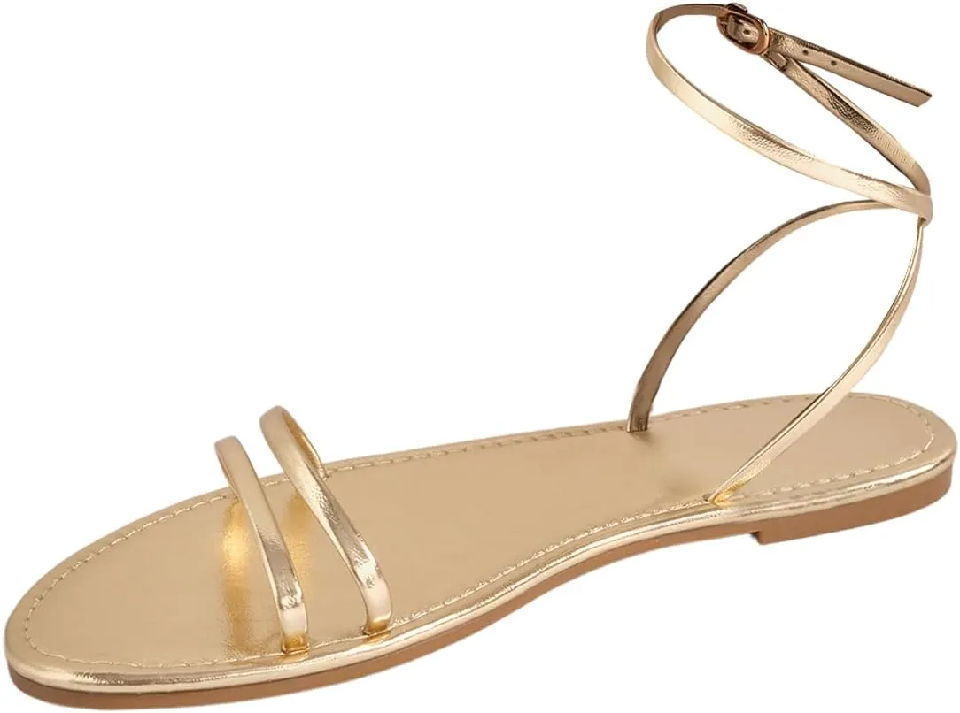 GORGLITTER Women's Strappy Flat Sandals Ankle Strap Open Toe Dressy Summer Flats Sandal