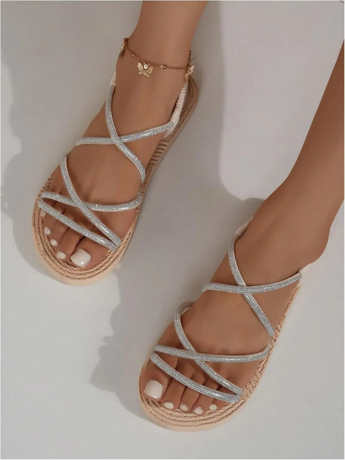 GORGLITTER Women's Strappy Flat Sandals Braided Strap Dressy Summer Sandals