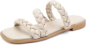 Greatonu Women's Square Toe Braided Flat Sandals Dressy Summer Open Toe Slides Sandals for Women 2025 Strappy Slip On Woven Sandals
