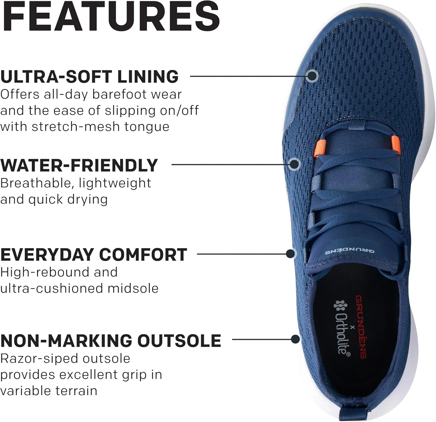 Grunden’s Men’s CrossCurrent Boat Shoe - Lightweight Quick Dry Water Shoes, Barefoot Wear with Slip On/Off Mesh Tongue