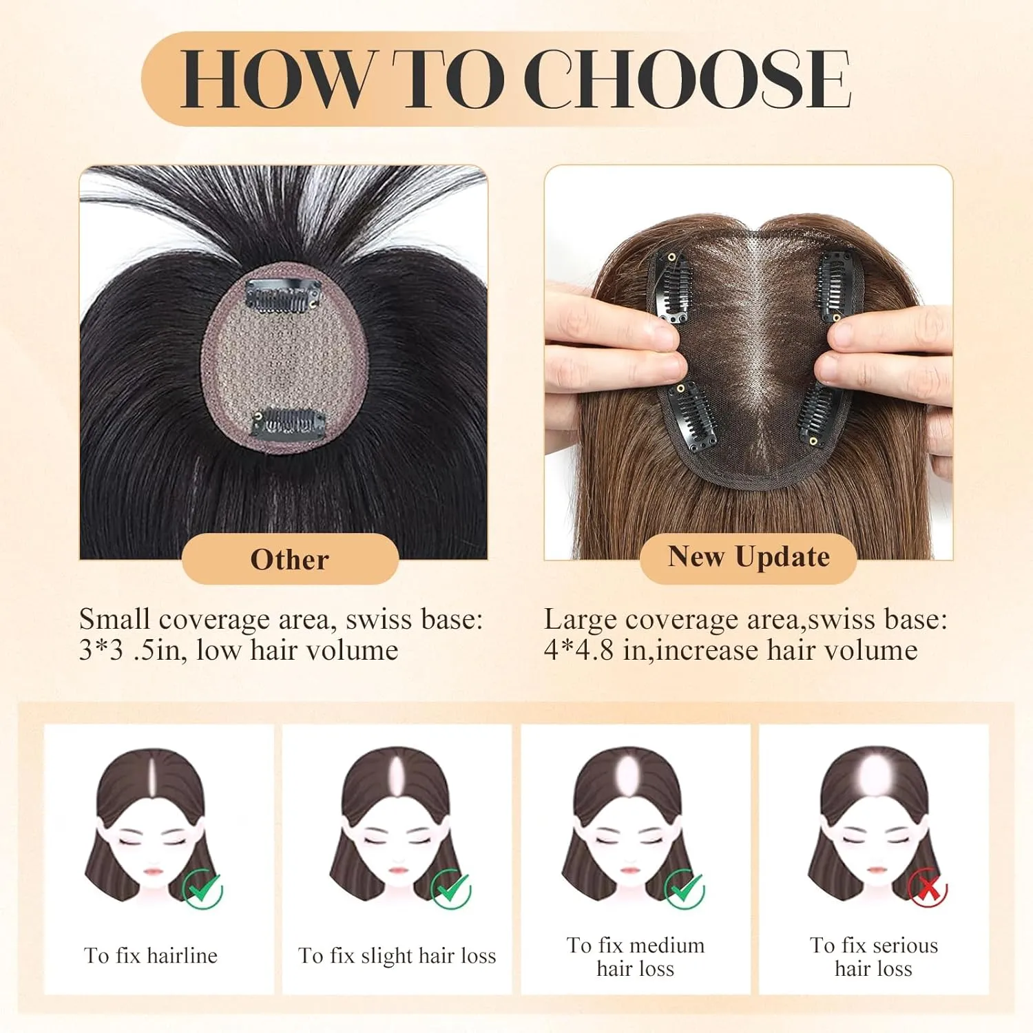 Hair Topper Hair Pieces for Women 100% Remy Hair Toppers with Thinning Hair 120% Density 4*4.8 Inch Swiss Base Hair Toppers for Women Real Human Hair 12 Inch Women Hair Topper #4 Medium Brown