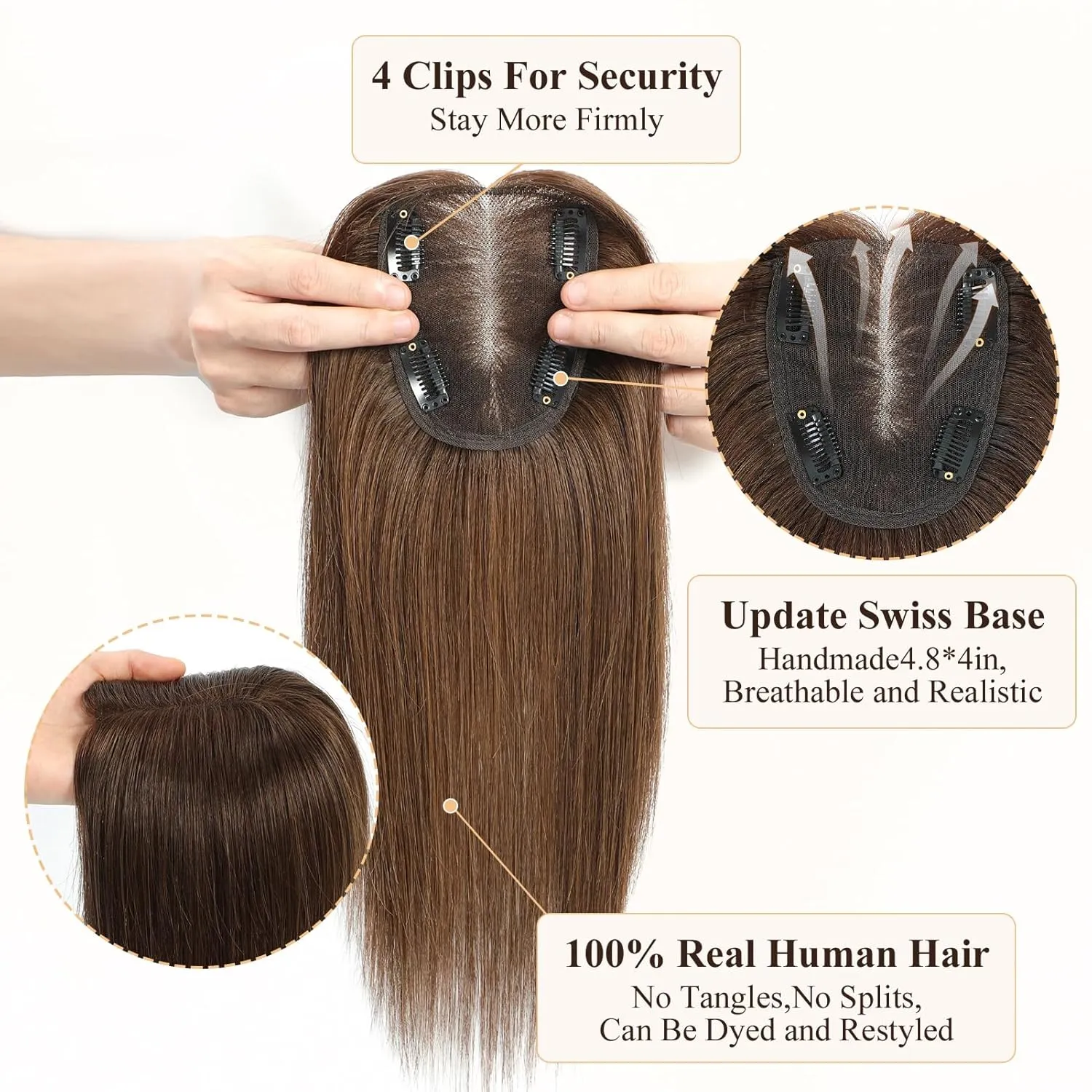 Hair Topper Hair Pieces for Women 100% Remy Hair Toppers with Thinning Hair 120% Density 4*4.8 Inch Swiss Base Hair Toppers for Women Real Human Hair 12 Inch Women Hair Topper #4 Medium Brown