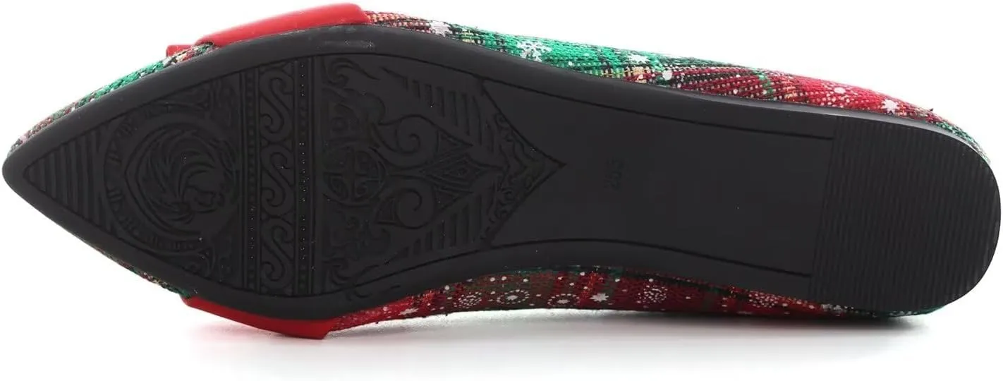 Hee grand Christmas Shoes for Women Pointed Toe Plaid Snowflake Flat Shoes Comfortable Slip on Flats Red/Green Shoes for Christmas