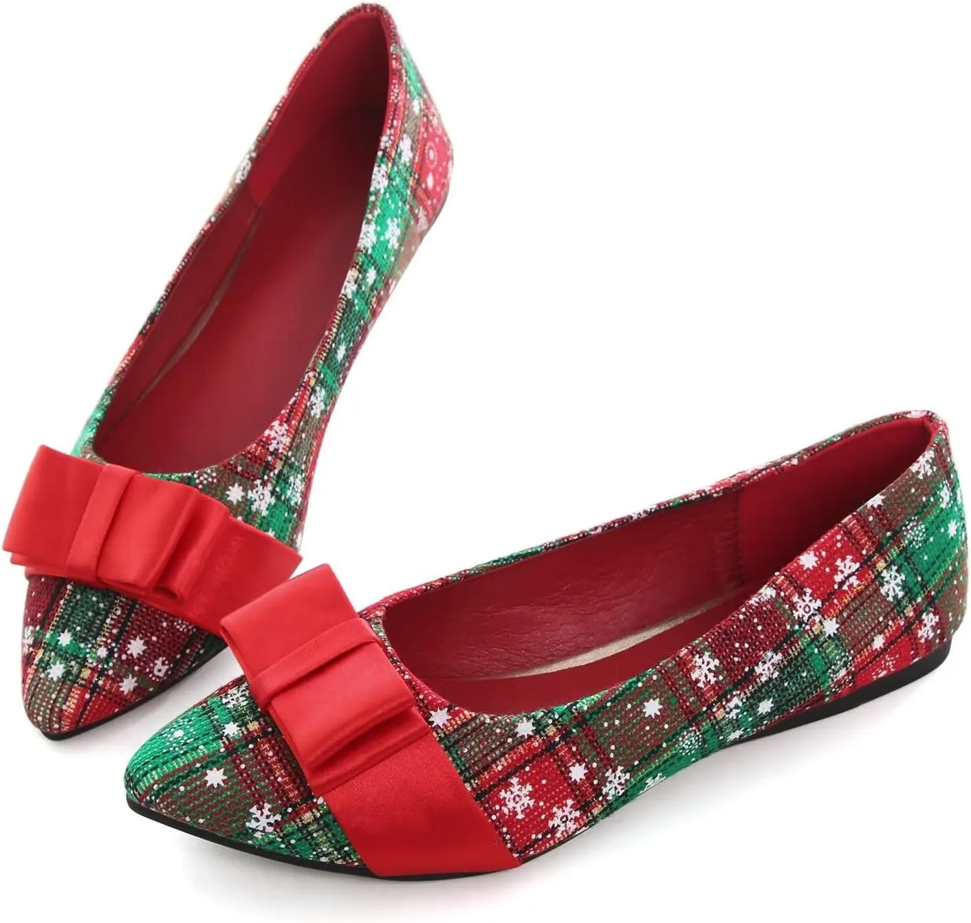 Hee grand Christmas Shoes for Women Pointed Toe Plaid Snowflake Flat Shoes Comfortable Slip on Flats Red/Green Shoes for Christmas