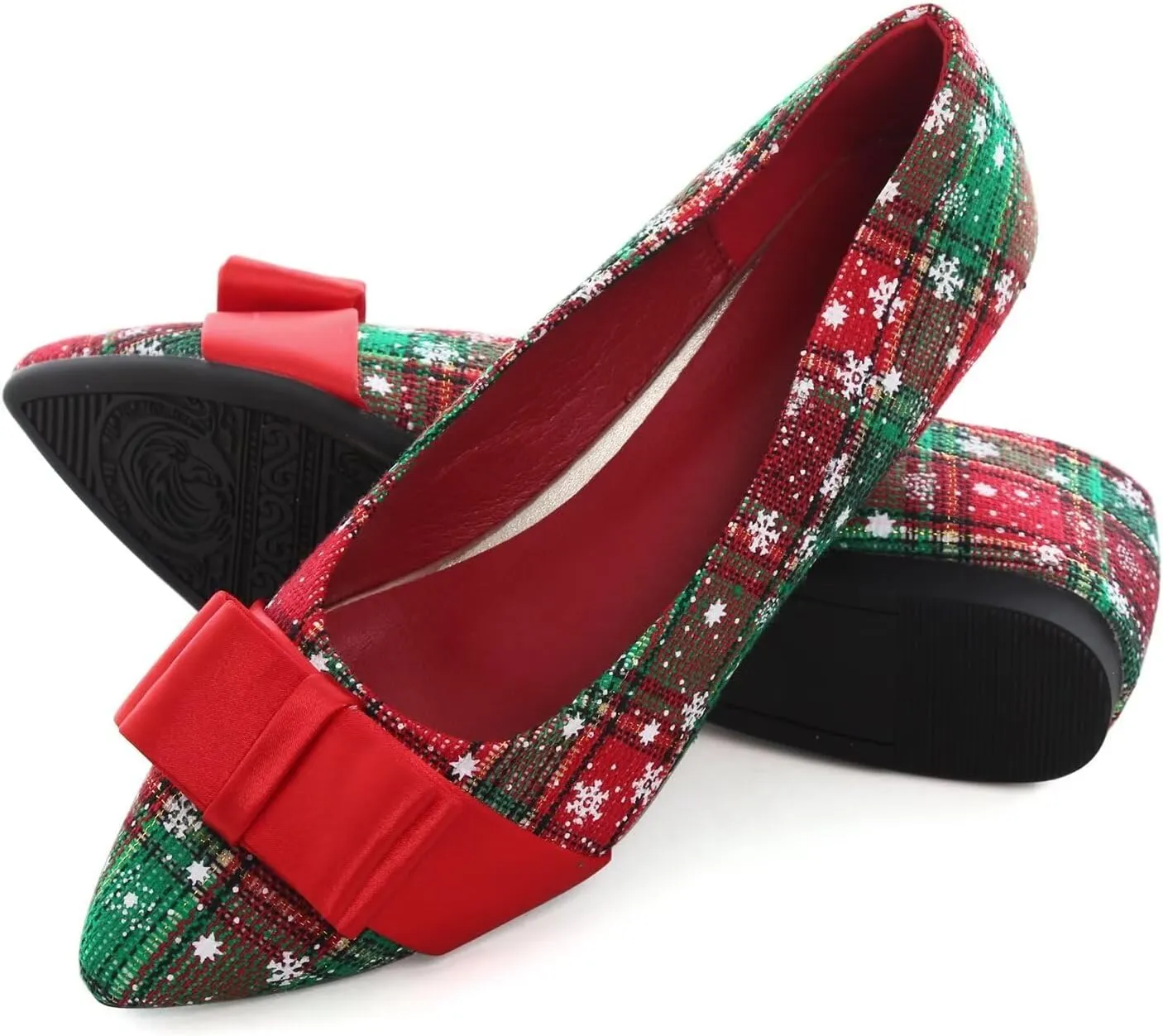 Hee grand Christmas Shoes for Women Pointed Toe Plaid Snowflake Flat Shoes Comfortable Slip on Flats Red/Green Shoes for Christmas