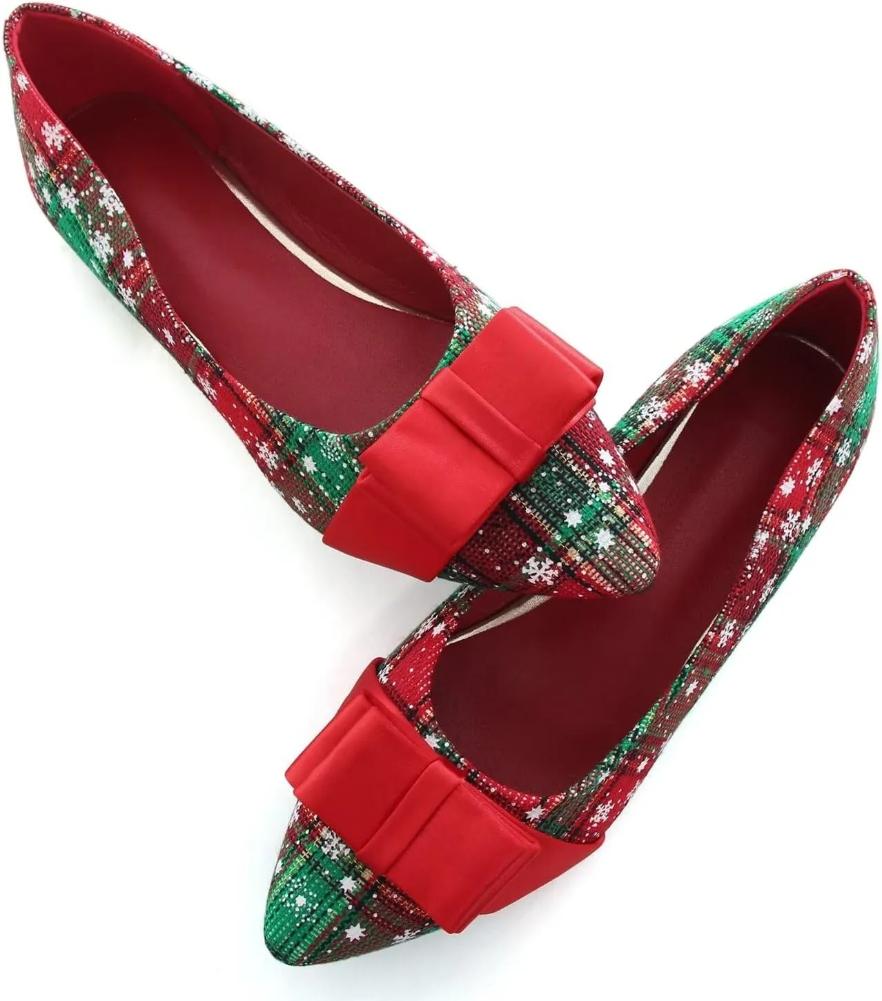Hee grand Christmas Shoes for Women Pointed Toe Plaid Snowflake Flat Shoes Comfortable Slip on Flats Red/Green Shoes for Christmas