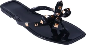 Helenbra Women's Studded Flat Jelly Flip Flops Sandals Summer Square Open Toe Beach Thong Rivets Bow Strappy Slip On Slides Beach Rain Shoes