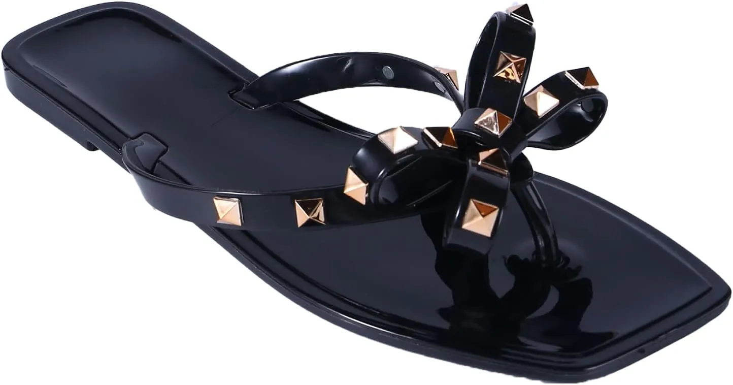 Helenbra Women's Studded Flat Jelly Flip Flops Sandals Summer Square Open Toe Beach Thong Rivets Bow Strappy Slip On Slides Beach Rain Shoes