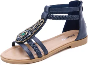 HINDOLA Womens Bohemian Sandals Bead Style Bead Beach Sandal Summer Comfy Open Toe Sandals Ankle Strap Gladiator Flat Sandals
