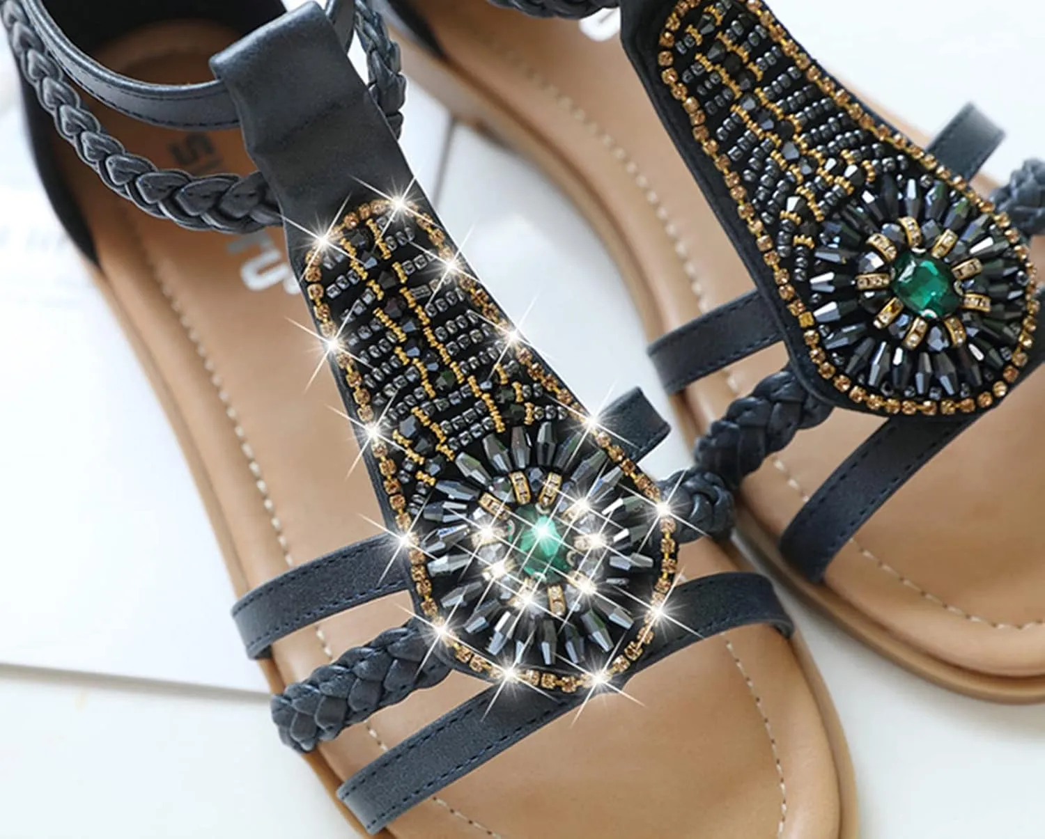 HINDOLA Womens Bohemian Sandals Bead Style Bead Beach Sandal Summer Comfy Open Toe Sandals Ankle Strap Gladiator Flat Sandals