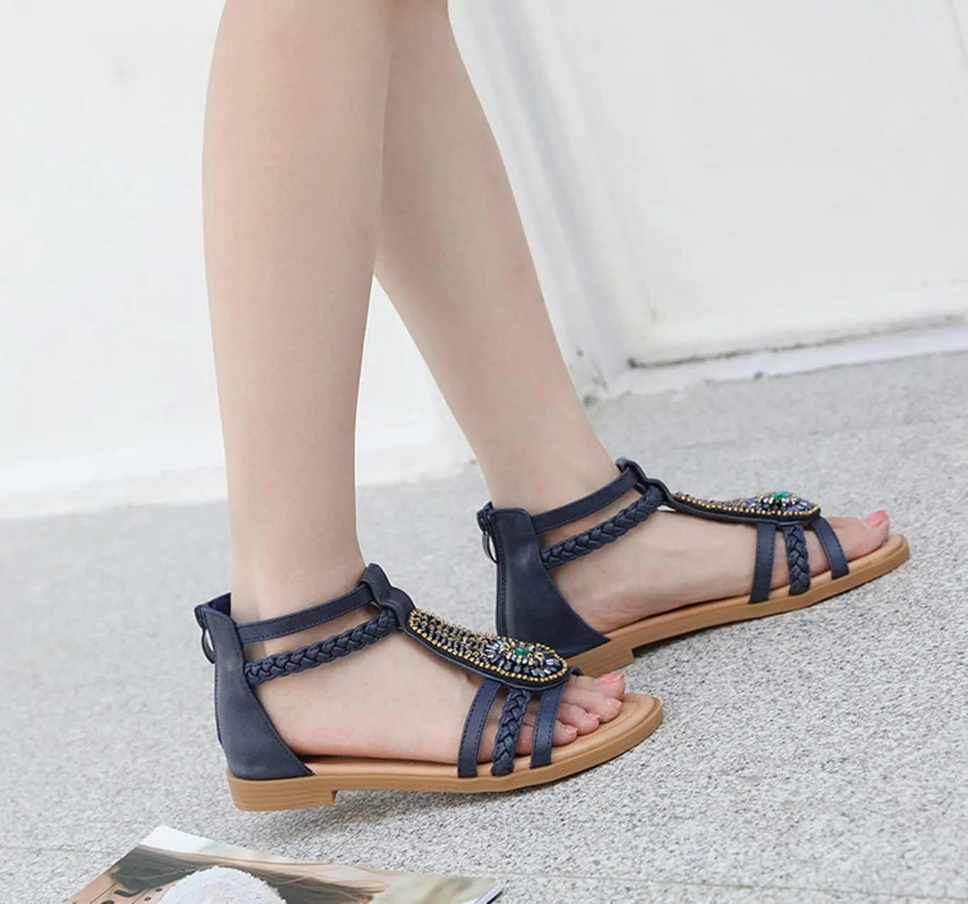 HINDOLA Womens Bohemian Sandals Bead Style Bead Beach Sandal Summer Comfy Open Toe Sandals Ankle Strap Gladiator Flat Sandals