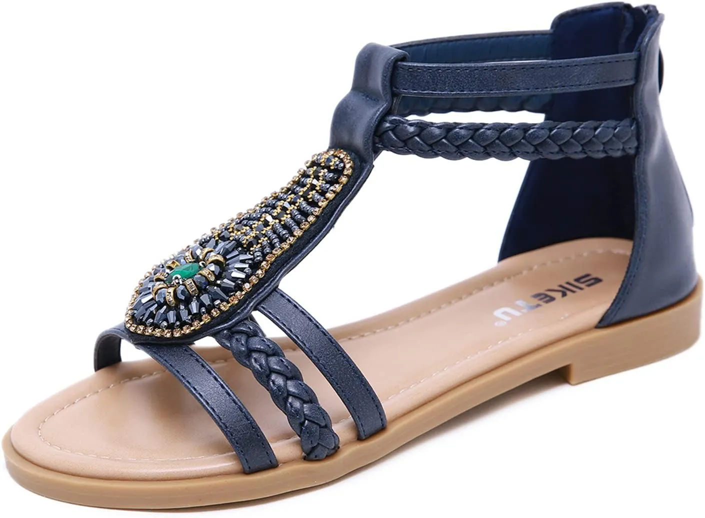 HINDOLA Womens Bohemian Sandals Bead Style Bead Beach Sandal Summer Comfy Open Toe Sandals Ankle Strap Gladiator Flat Sandals