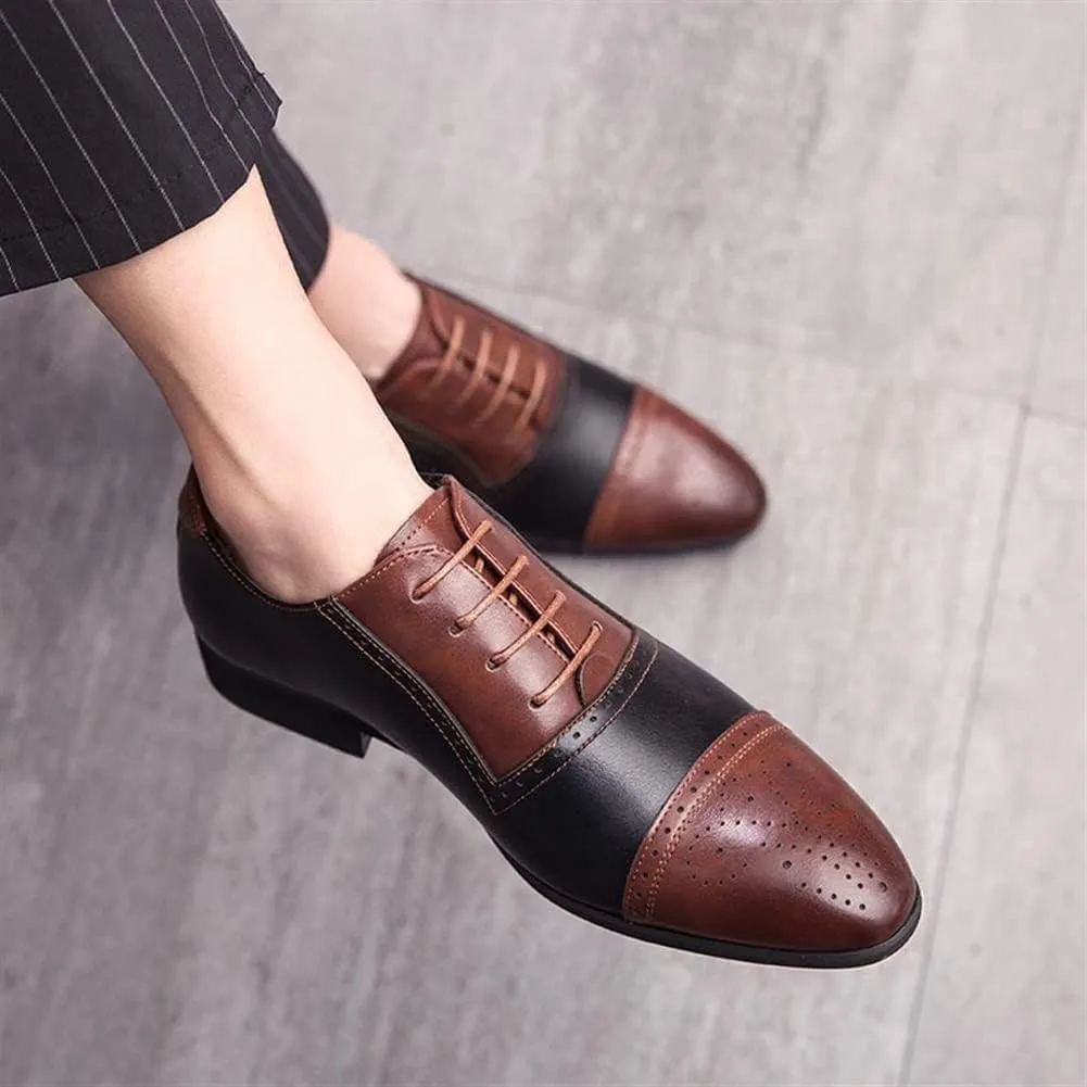 HOOENG Oxford Dress Shoes for Men Lace Up Two Tone White and Brown Brogue Cap Toe PU Leather Non Slip Resistant Rubber Sole Block Heel Wedding
