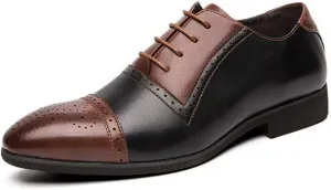 HOOENG Oxford Dress Shoes for Men Lace Up Two Tone White and Brown Brogue Cap Toe PU Leather Non Slip Resistant Rubber Sole Block Heel Wedding