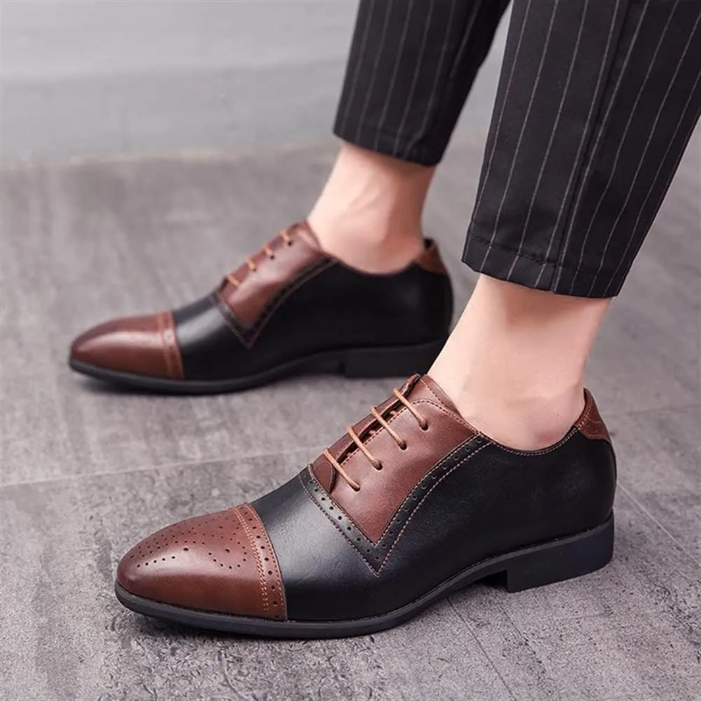 HOOENG Oxford Dress Shoes for Men Lace Up Two Tone White and Brown Brogue Cap Toe PU Leather Non Slip Resistant Rubber Sole Block Heel Wedding