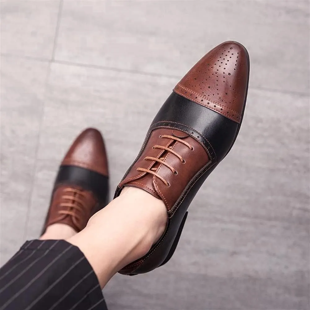 HOOENG Oxford Dress Shoes for Men Lace Up Two Tone White and Brown Brogue Cap Toe PU Leather Non Slip Resistant Rubber Sole Block Heel Wedding