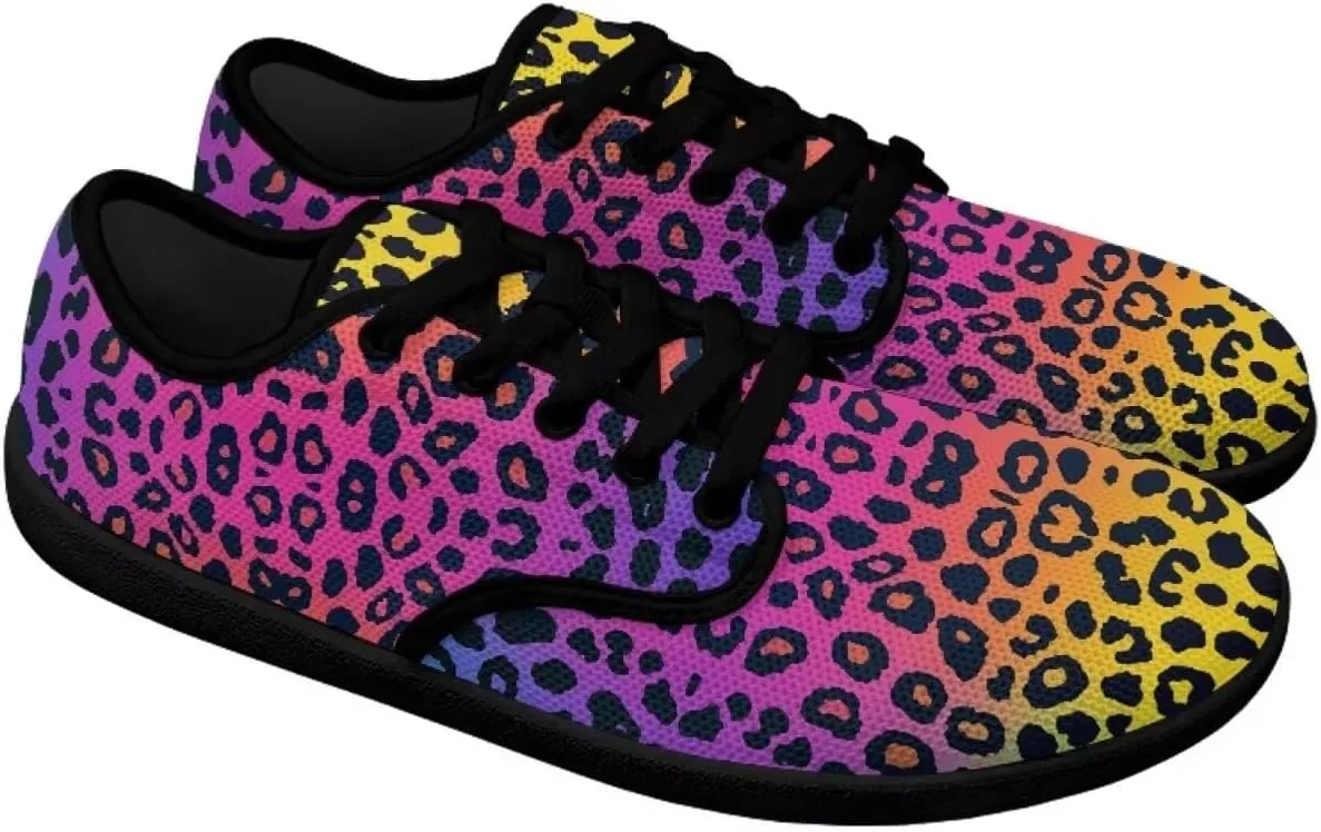 Howilath Leopard Print Barefoot Shoes Women Lace up Shoes Lightweight Flat Shoes Breathable Sneakers