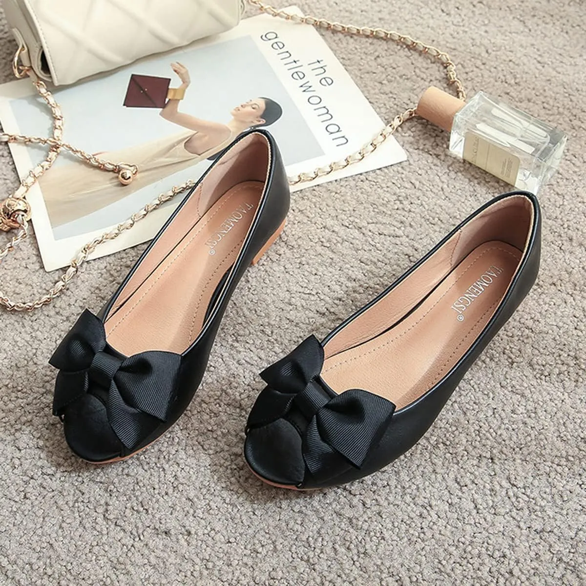 HuangTaiJi Qing Women's Classy Peep Toe Flats Shoes Bow Comfort Slip on Non-Slip Ballets Walking Shoes for Party Dating
