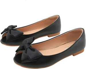 HuangTaiJi Qing Women's Classy Peep Toe Flats Shoes Bow Comfort Slip on Non-Slip Ballets Walking Shoes for Party Dating