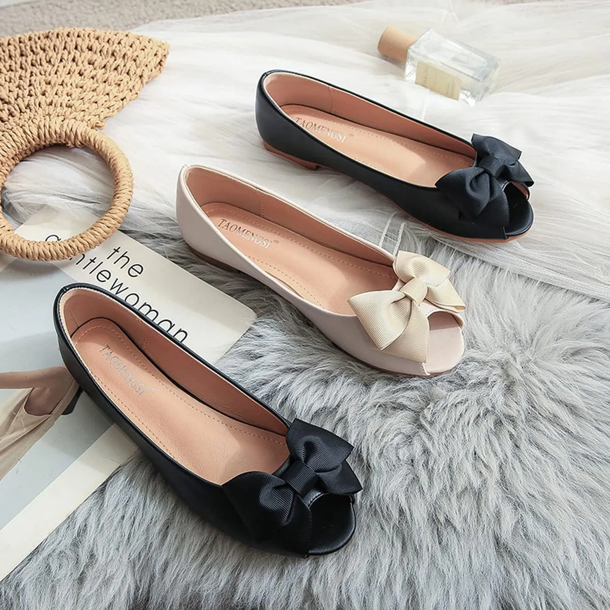 HuangTaiJi Qing Women's Classy Peep Toe Flats Shoes Bow Comfort Slip on Non-Slip Ballets Walking Shoes for Party Dating
