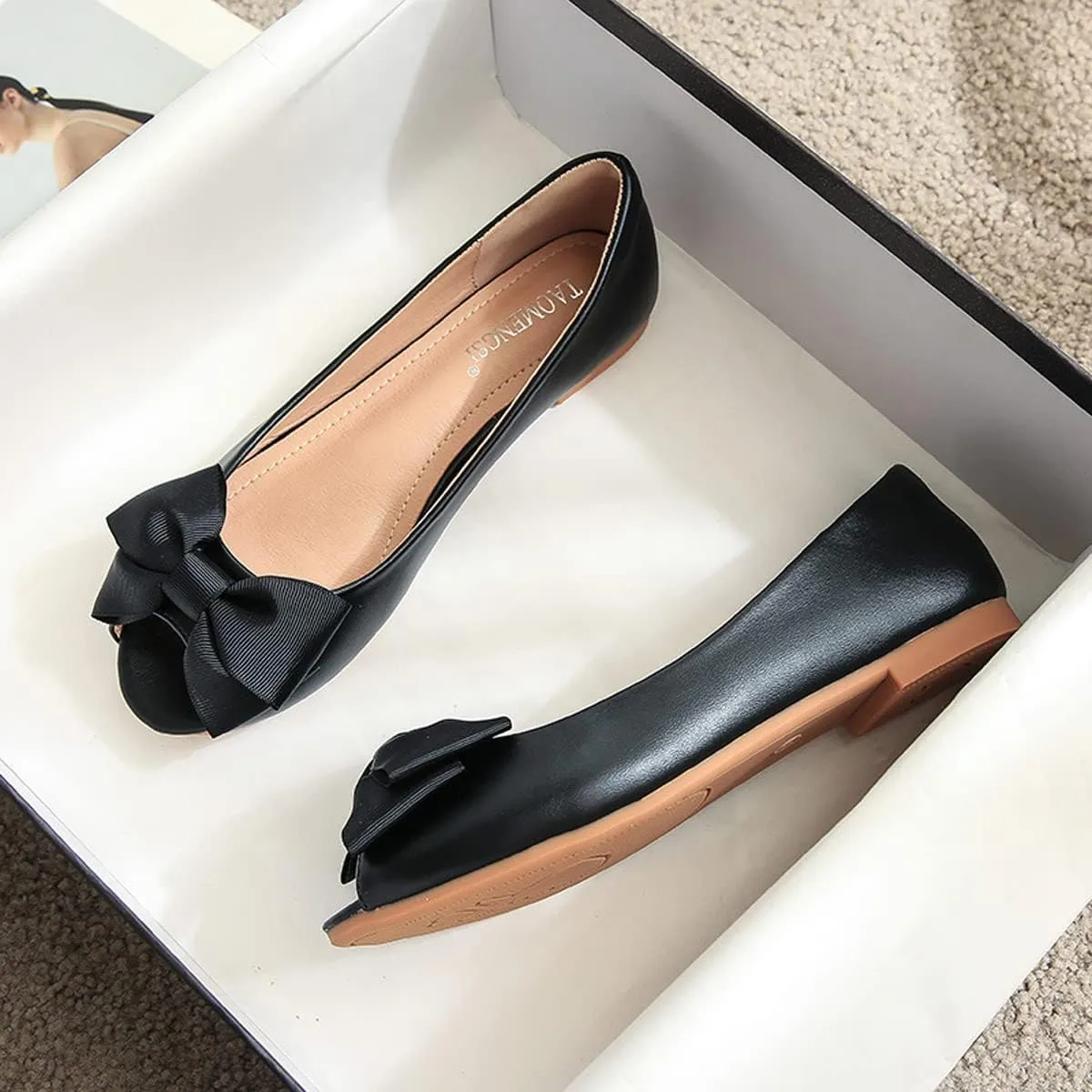 HuangTaiJi Qing Women's Classy Peep Toe Flats Shoes Bow Comfort Slip on Non-Slip Ballets Walking Shoes for Party Dating