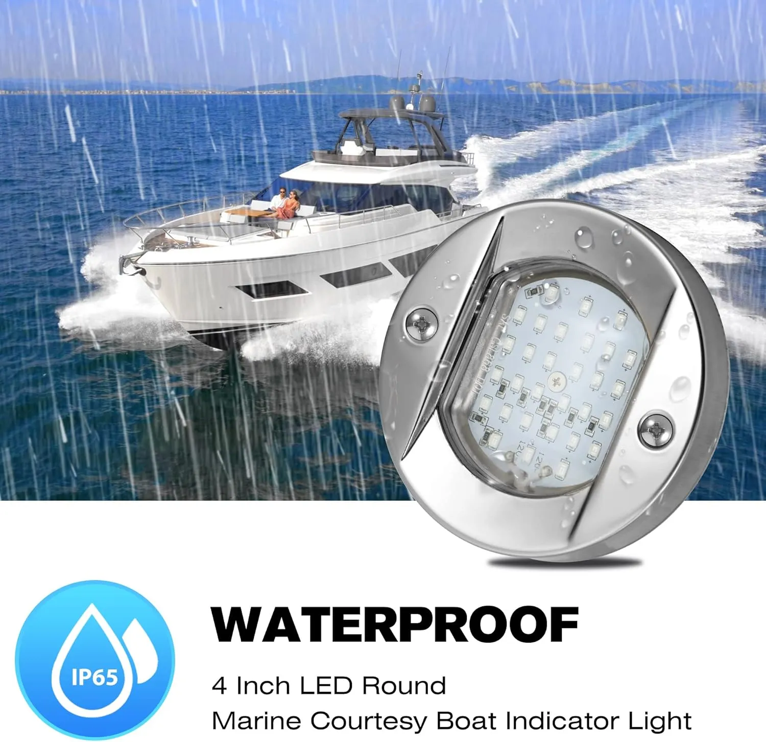 HUSUKU LED Marine Courtesy Lights 4in, SOOP3 P0-2 1800LM 30LED SUS316 Round IP65 Waterproof Boat Transom Interior Lights, Surface Mount for Yacht/Cockpit/Console/Deck/Ceiling/Spotlight (2x Blue)