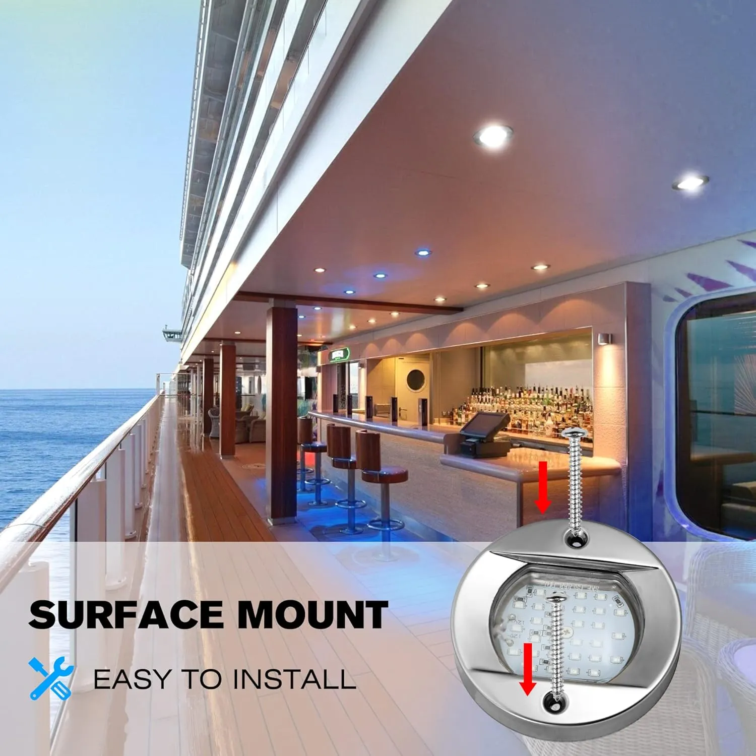 HUSUKU LED Marine Courtesy Lights 4in, SOOP3 P0-2 1800LM 30LED SUS316 Round IP65 Waterproof Boat Transom Interior Lights, Surface Mount for Yacht/Cockpit/Console/Deck/Ceiling/Spotlight (2x Blue)