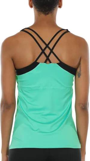icyzone Women's Activewear Workout Yoga Spaghetti Strap Racerback Tank Top with Built in Bra