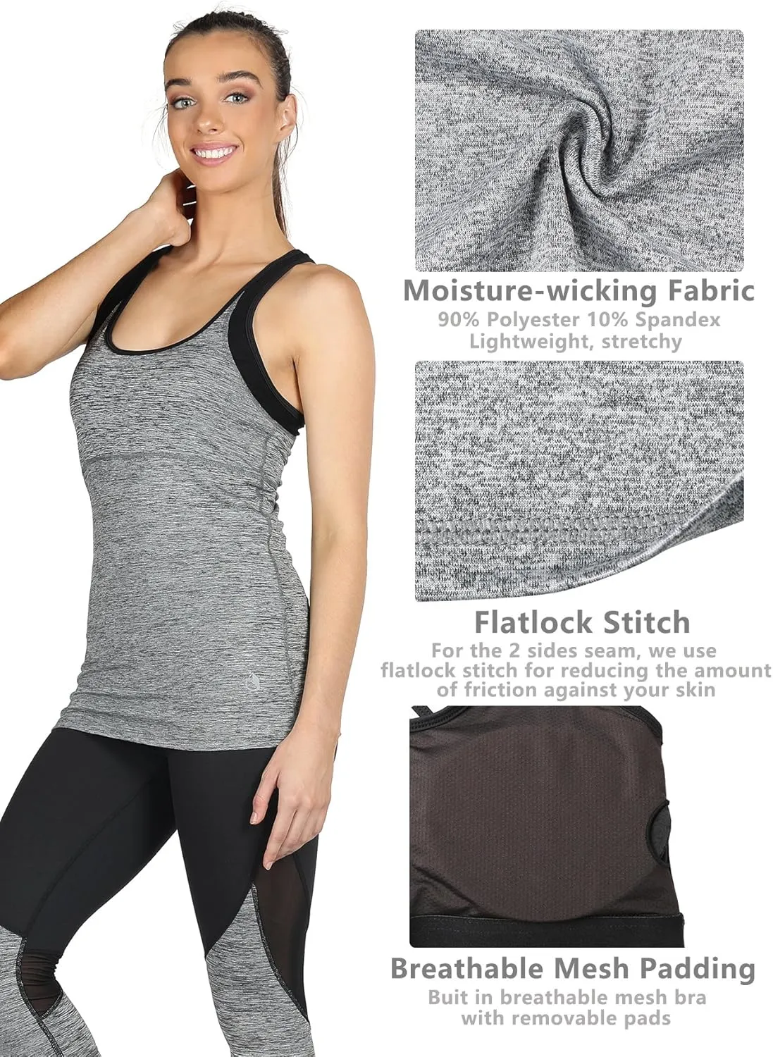 icyzone Women's Activewear Workout Yoga Spaghetti Strap Racerback Tank Top with Built in Bra