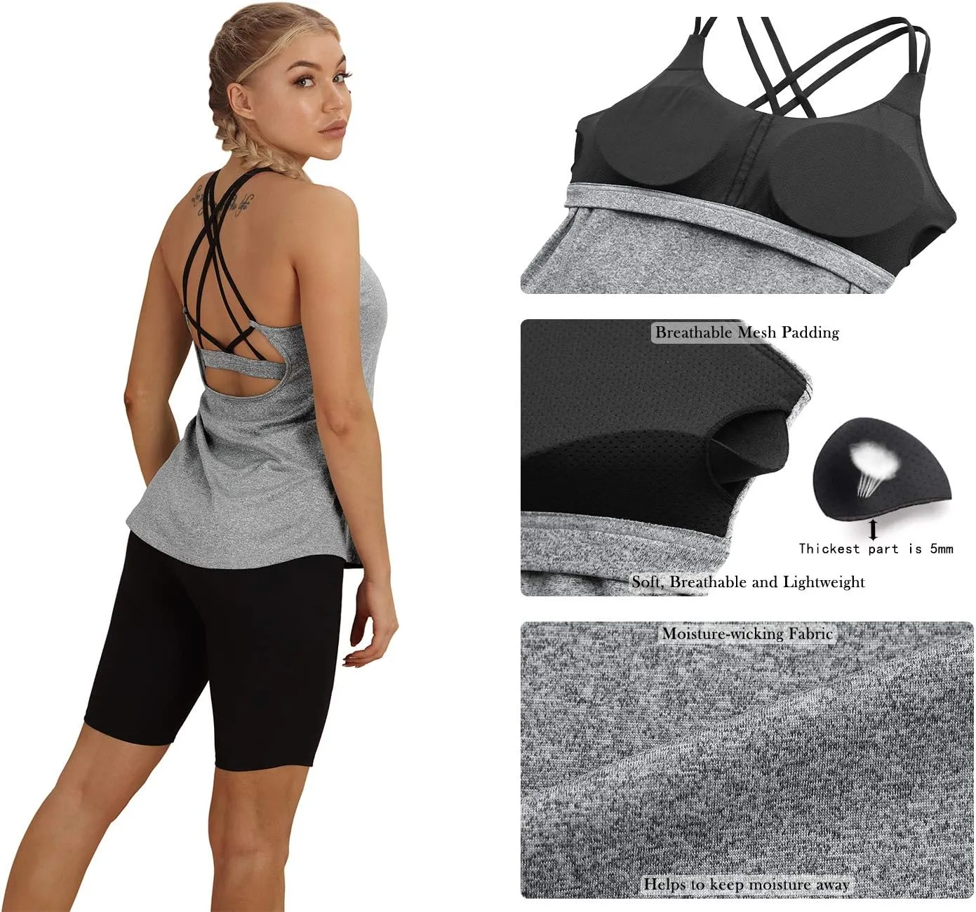icyzone Workout Tank Tops Built in Bra - Women's Strappy Athletic Yoga Tops, Running Exercise Gym Shirts