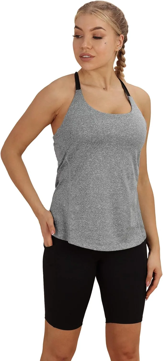 icyzone Workout Tank Tops Built in Bra - Women's Strappy Athletic Yoga Tops, Running Exercise Gym Shirts