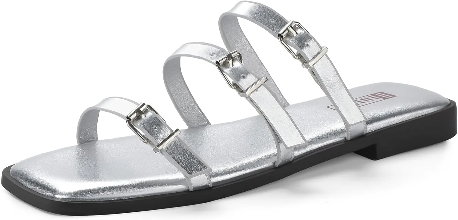 IDIFU Womens Strappy Flat Sandals Square Open Toe Gladiator Slides Sandals Three Adjustable Buckle Straps Slip On Summer Dress Shoes Beach Wedding Prom Work Travel Trendy Dressy Casual Cute Sandals