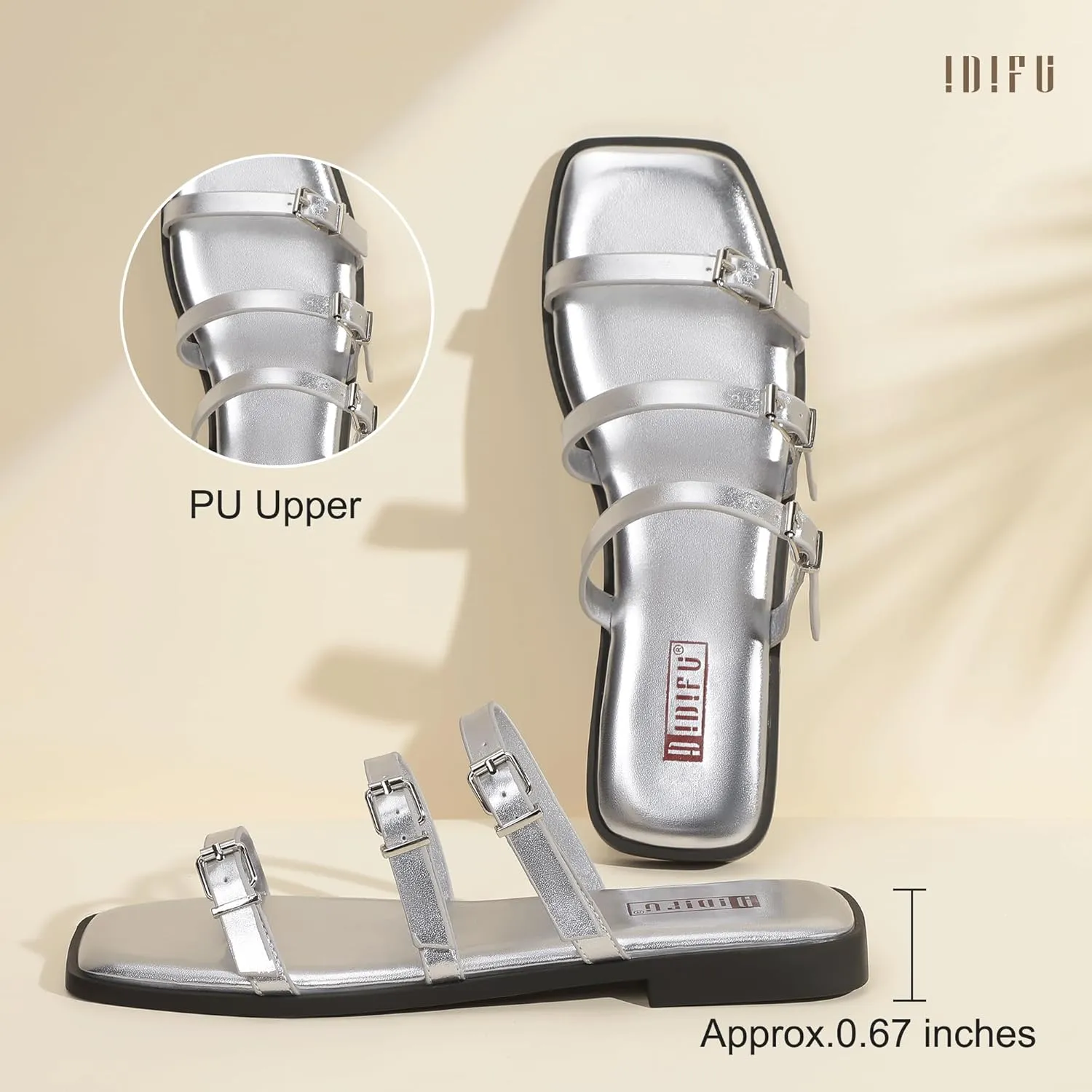 IDIFU Womens Strappy Flat Sandals Square Open Toe Gladiator Slides Sandals Three Adjustable Buckle Straps Slip On Summer Dress Shoes Beach Wedding Prom Work Travel Trendy Dressy Casual Cute Sandals