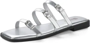 IDIFU Womens Strappy Flat Sandals Square Open Toe Gladiator Slides Sandals Three Adjustable Buckle Straps Slip On Summer Dress Shoes Beach Wedding Prom Work Travel Trendy Dressy Casual Cute Sandals