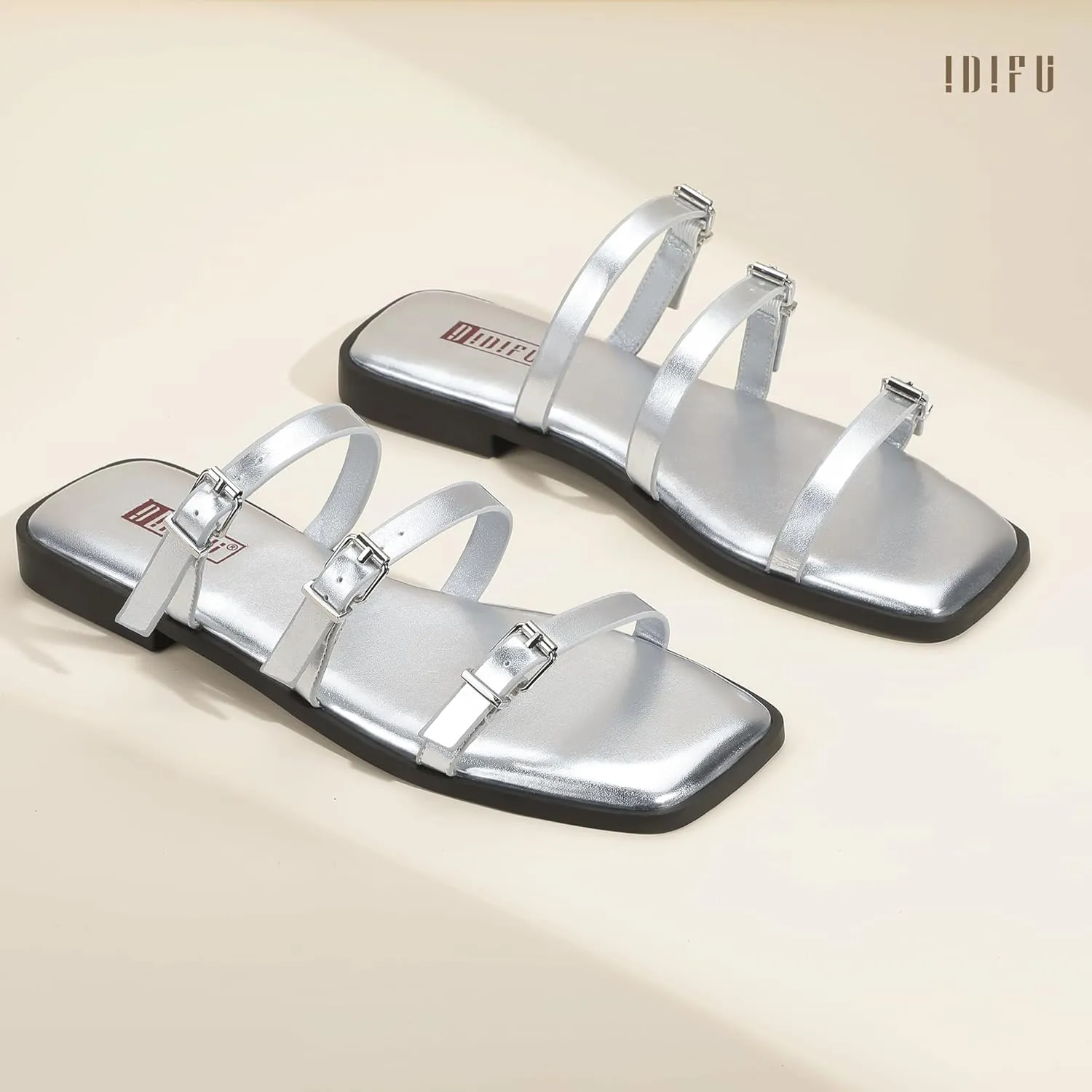 IDIFU Womens Strappy Flat Sandals Square Open Toe Gladiator Slides Sandals Three Adjustable Buckle Straps Slip On Summer Dress Shoes Beach Wedding Prom Work Travel Trendy Dressy Casual Cute Sandals