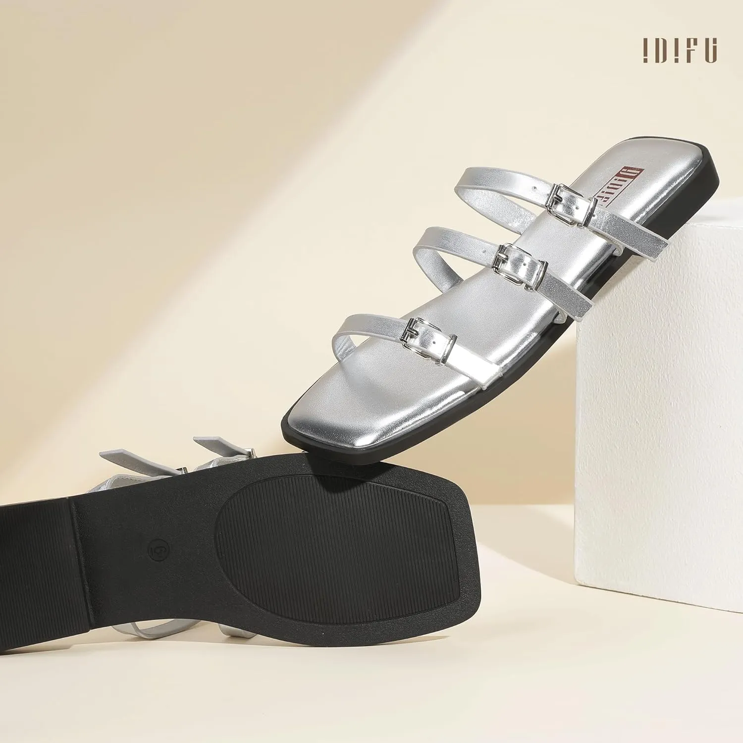 IDIFU Womens Strappy Flat Sandals Square Open Toe Gladiator Slides Sandals Three Adjustable Buckle Straps Slip On Summer Dress Shoes Beach Wedding Prom Work Travel Trendy Dressy Casual Cute Sandals