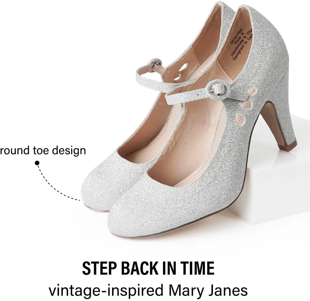 J. Adams Pixie Mary Jane Shoes Women Oxford Pumps - Cute Low Kitten High Heels - Retro Vintage Shoes for Women 1950s Mary Janes Round Toe Shoe with Ankle Strap - Women Dress Shoes