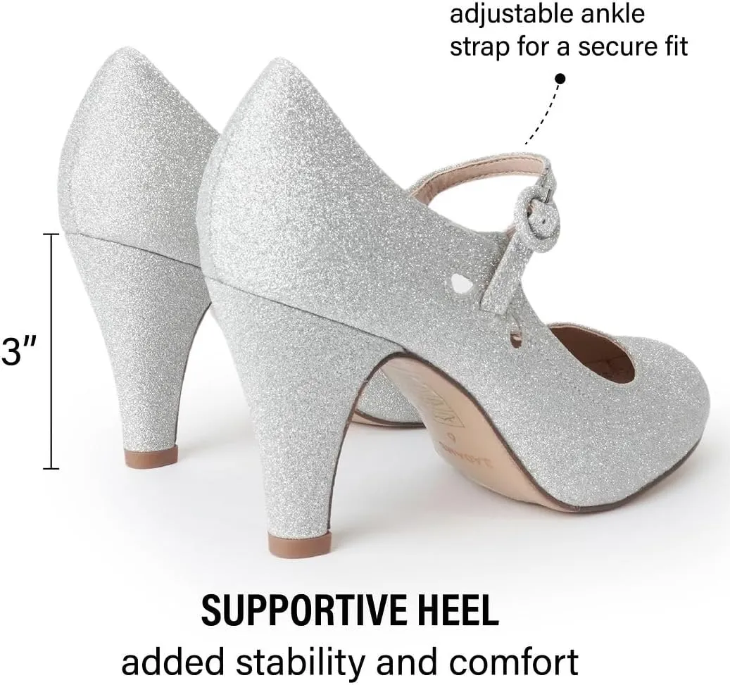 J. Adams Pixie Mary Jane Shoes Women Oxford Pumps - Cute Low Kitten High Heels - Retro Vintage Shoes for Women 1950s Mary Janes Round Toe Shoe with Ankle Strap - Women Dress Shoes