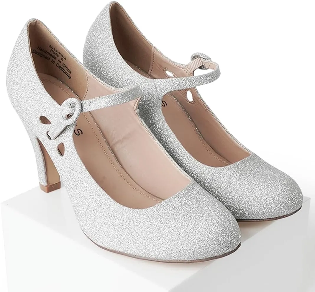 J. Adams Pixie Mary Jane Shoes Women Oxford Pumps - Cute Low Kitten High Heels - Retro Vintage Shoes for Women 1950s Mary Janes Round Toe Shoe with Ankle Strap - Women Dress Shoes