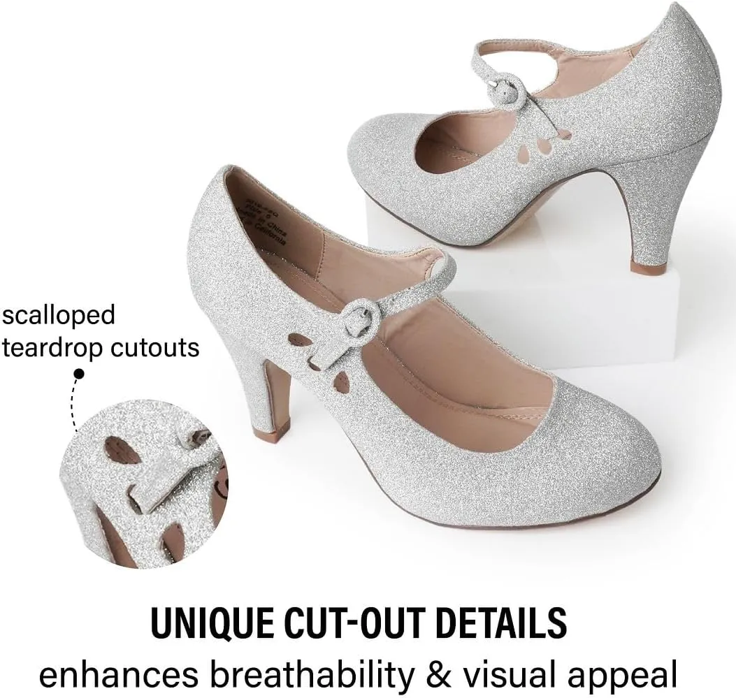 J. Adams Pixie Mary Jane Shoes Women Oxford Pumps - Cute Low Kitten High Heels - Retro Vintage Shoes for Women 1950s Mary Janes Round Toe Shoe with Ankle Strap - Women Dress Shoes