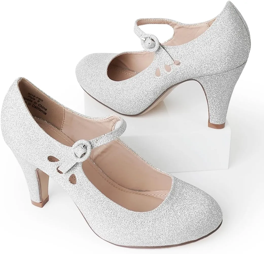 J. Adams Pixie Mary Jane Shoes Women Oxford Pumps - Cute Low Kitten High Heels - Retro Vintage Shoes for Women 1950s Mary Janes Round Toe Shoe with Ankle Strap - Women Dress Shoes