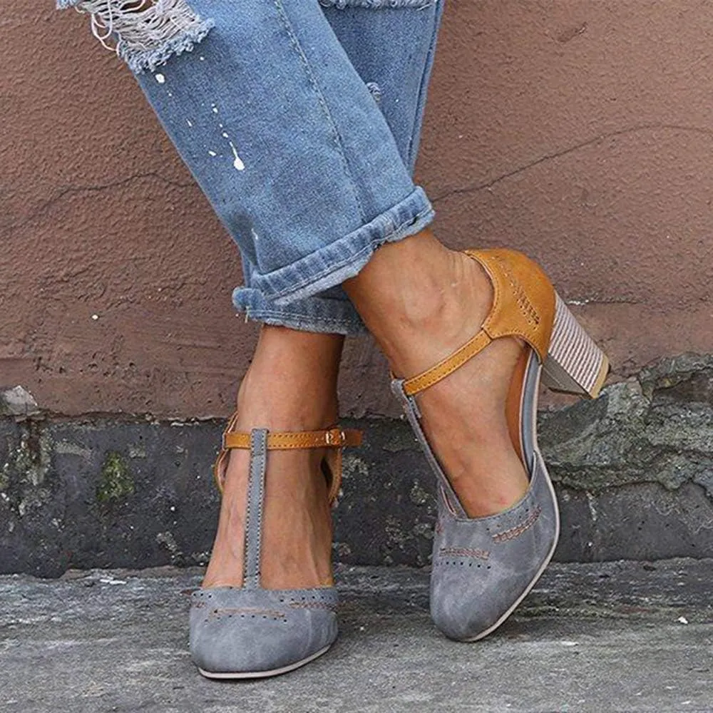 JITUUE Mary Jane Pumps Chunky Heels for Women Round Toe T-Strap Sandals Summer Oxford Shoes with Hollow